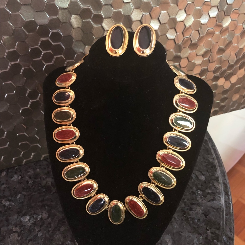 Necklace and Earrings Gold Tone Faux Stones